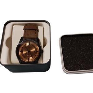 Relic Fossil Everet Men's Watch Leather Band Amber Face **needs battery**